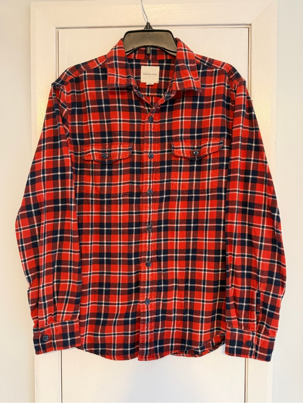 American Eagle Outfitters Red and Navy Plaid Button-Down Shirt